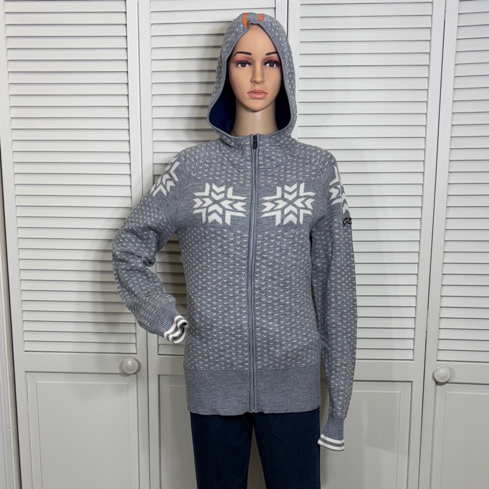 KJUS Ladies Snowflakes Hoody Knit 100% Merino Wool Jacket Large